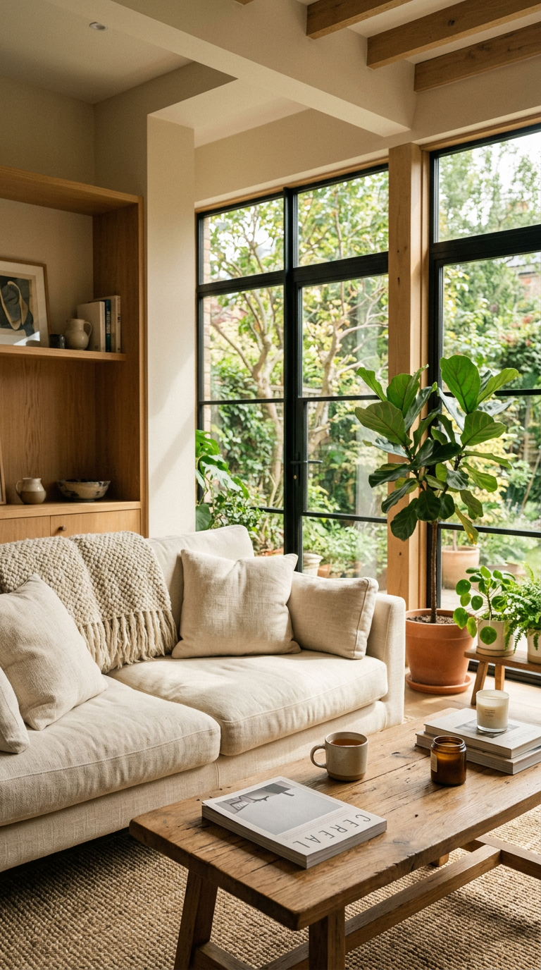 A sunlit living room with a magazine on the coffee table